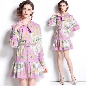 Dalia MacPhee Baroque Belted Floral Shirt Dress in Lavender Florals  L NWT